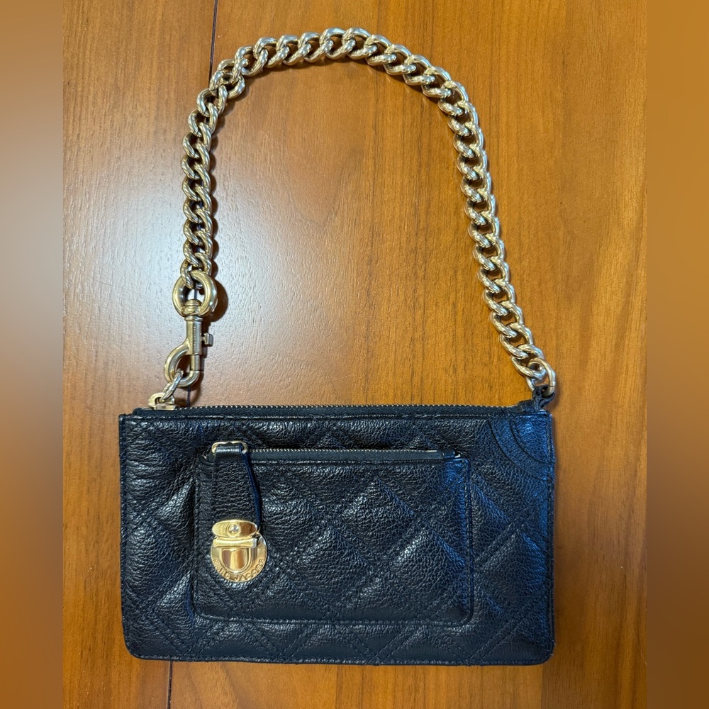 Marc Jacobs Black Quilted Leather Wristlet with Gold Chain